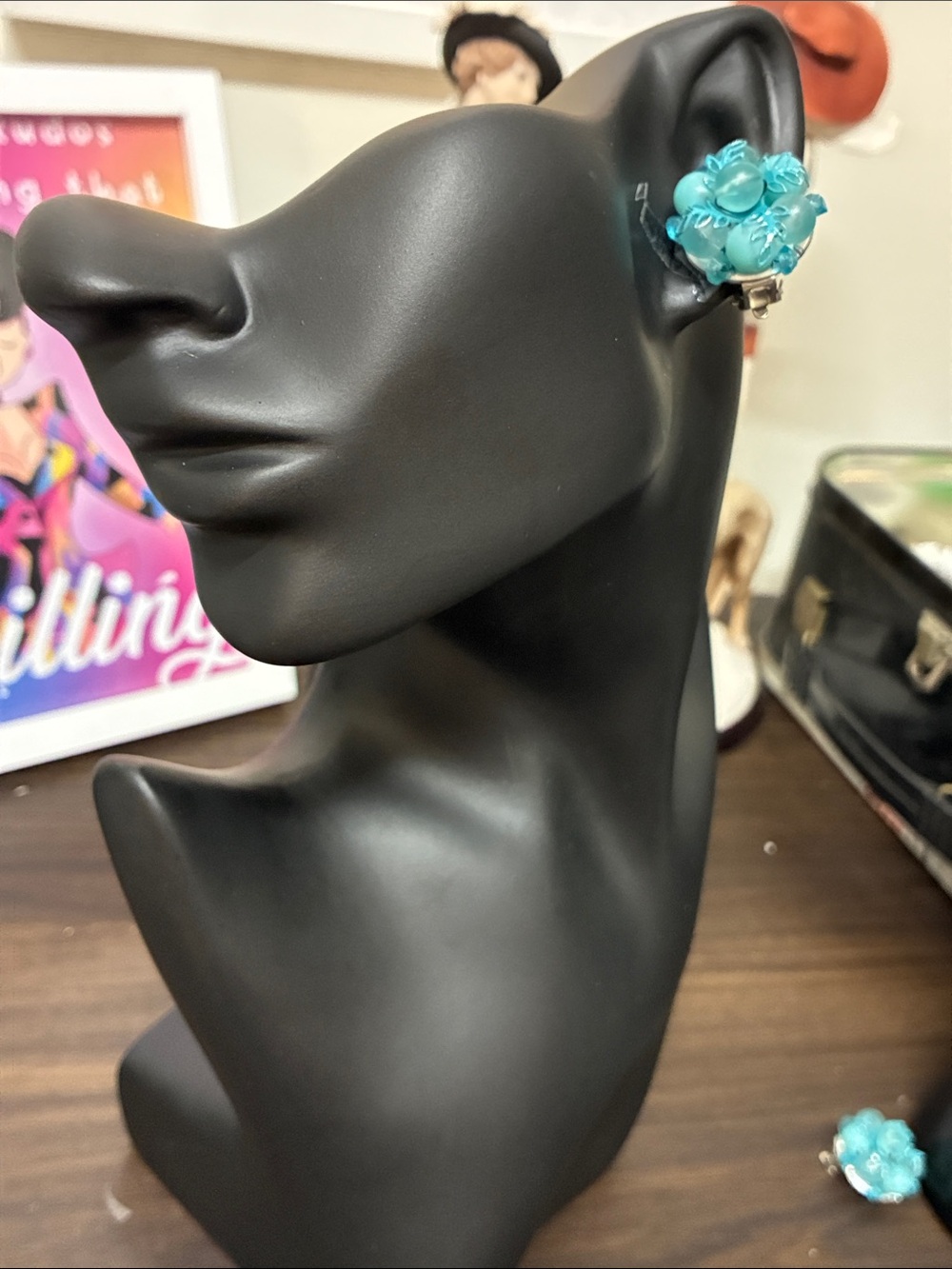 Vintage Floral Turquoise Clip-On Doorknocker Earrings Whimsycore Maximalist
